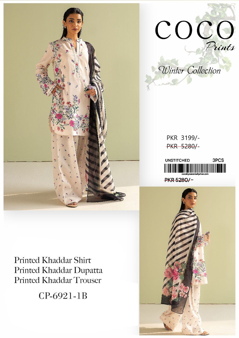 COCO Prints Unstiched 3PC Khaddar Suit - Vintage Floral & Stripe Combo