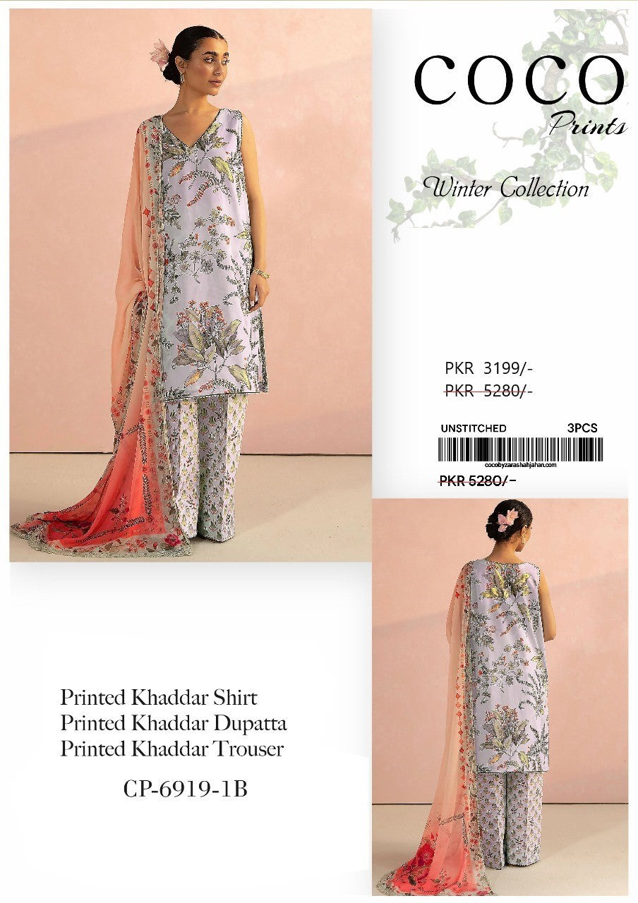COCO Prints Khaddar 3PCS Unstitched- White Floral & Orange Chiffon