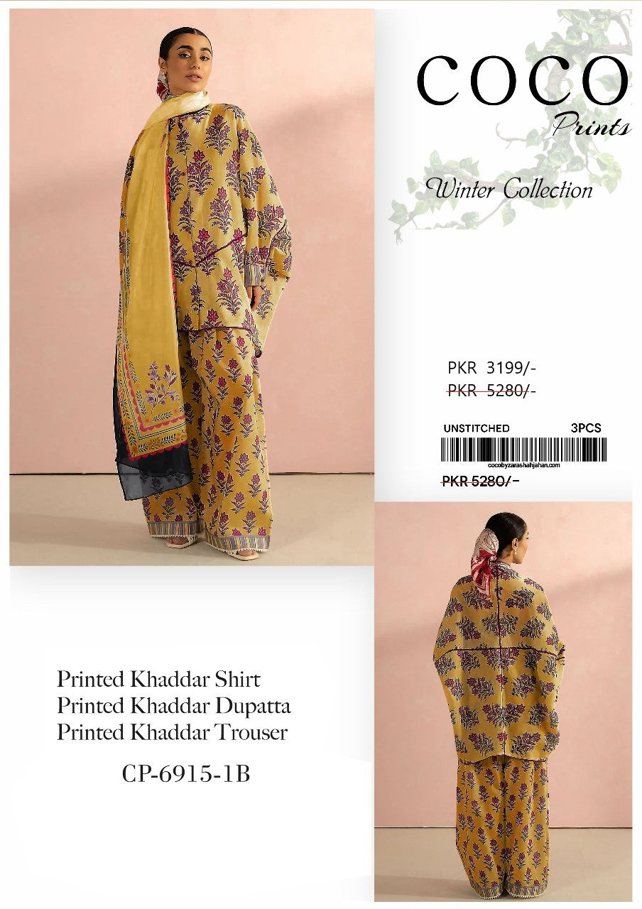 COCO Prints Khaddar 3PC Unstitched - Bold floral design in Mustard Yellow