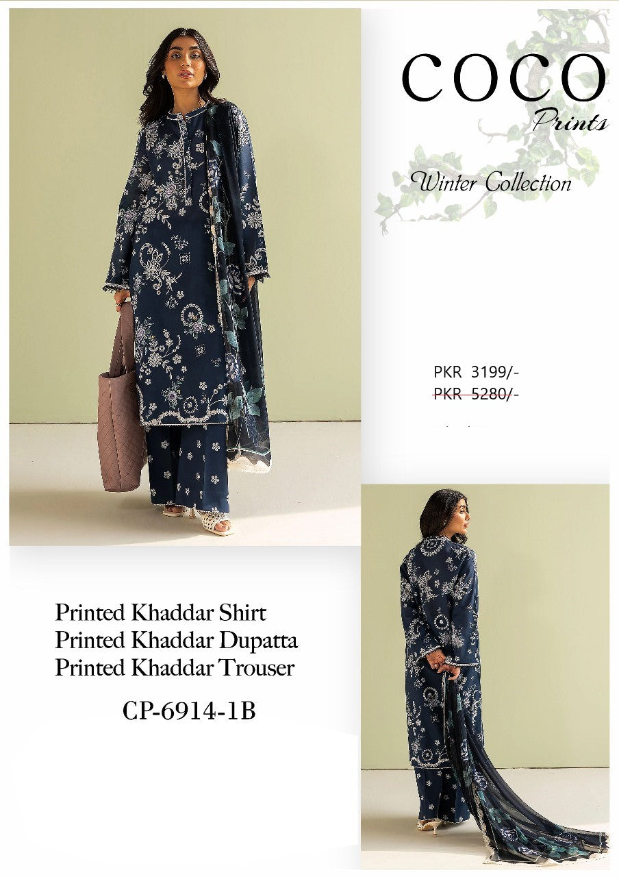 COCO Prints 3PC Unstitched - Dark Navy Blue with White Floral Print