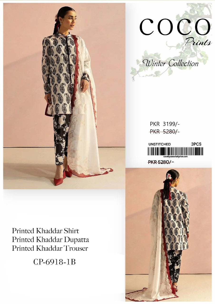 COCO Prints 3PC Unstitched- Black & White Paisley Print with contrast White Dupatta