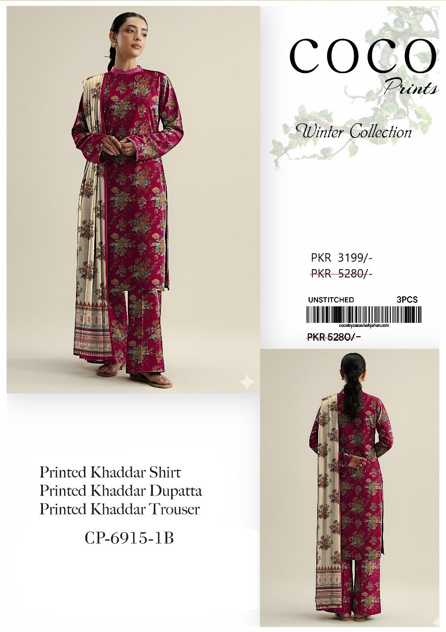 COCO Print 3PC Unstitched - Maroon Floral Print With Contrast Border Dupatta