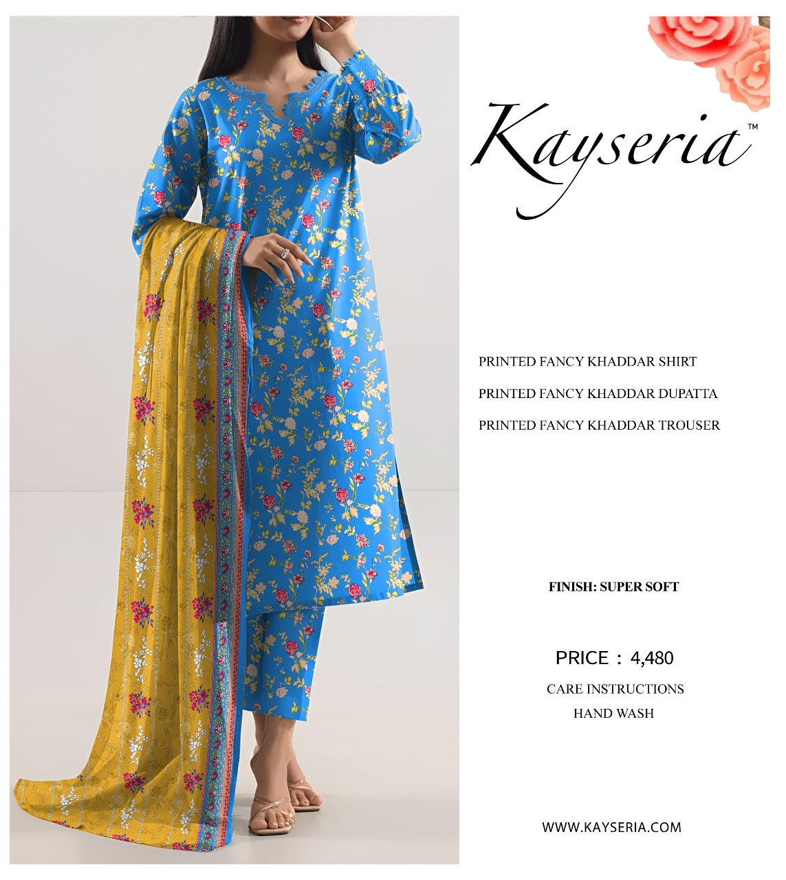 Kayseria Khaddar 3PC Unstitched - Vibrant Blue Floral Print with Mustard Contrast