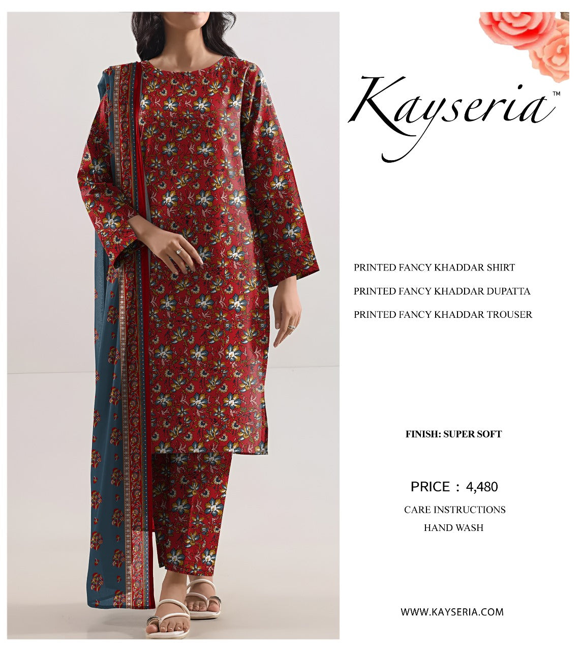 Kayseria Khaddar 3PC Unstitched - Maroon Bloom Print with Blue Dupatta