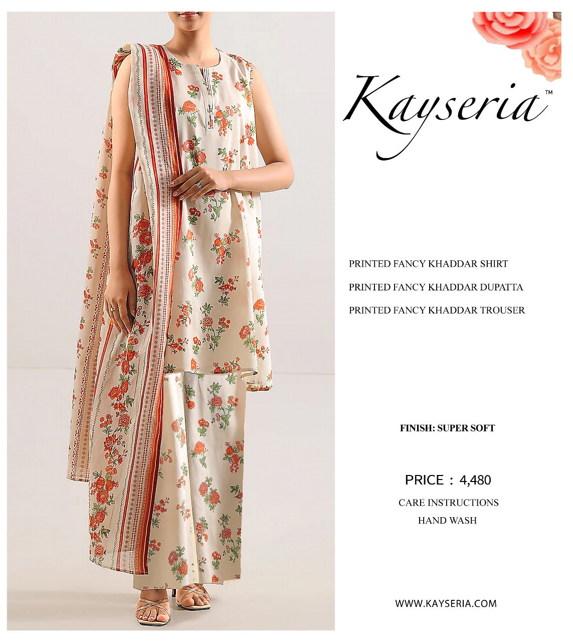 Kayseria Khaddar 3PC Unstitched - Cream Floral