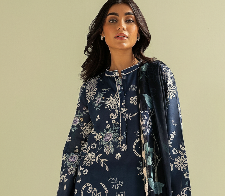 COCO Prints 3PC Unstitched - Dark Navy Blue With White Floral
