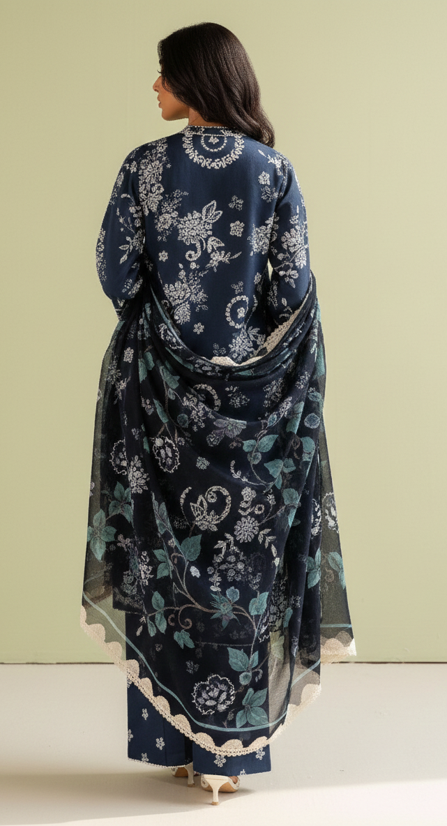 Woman wearing a dark blue floral patterned dress against a light green background