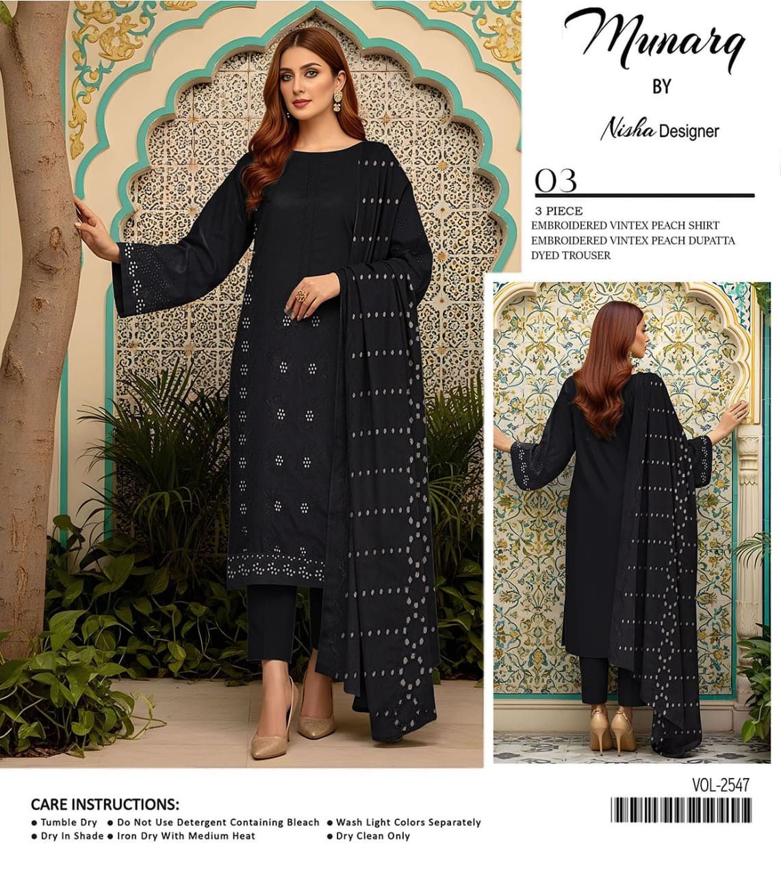 Munarq 3PC Unstitched - Embroidered Vintax Peach Black